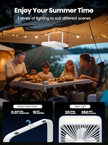 Warmco 20000mAh Battery Powered Fan, Ultra-Slim 8-Inch Portable Camping Fan with LED Lantern, Up to 48H Runtime Rechargeable Desk Fan for Bedroom, Outdoor, Tent, Travel, Cruise Ship Essentials - color: White