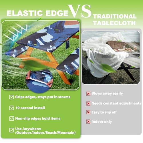 Fitted Picnic Table Cover with Bench Covers Waterproof Elastic Edges Rectangle Patio Tablecloth Outdoor Camping Essentials Stuff Rv Accessories Summer Trip Travel Supplies Party Camper Gifts, 8 ft - color: Blue Forest, size: 96in