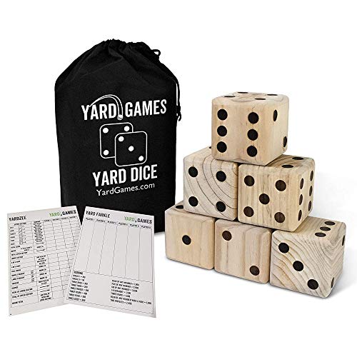 Giant 3.5" Wooden Yard Dice with Laminated Yardzee and Farkle Scoresheets and Durable Carrying Case