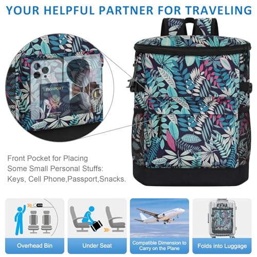 Tenot Cooler Backpack 33/40 Cans Backpack Coolers Insulated Leak Proof Soft Beach Cooler Bag for Men Women Ice Chest Backpack Camping Hiking Picnic Travel Cooler Lunch Backpack - color: Blue Leaves, size: 33 Cans