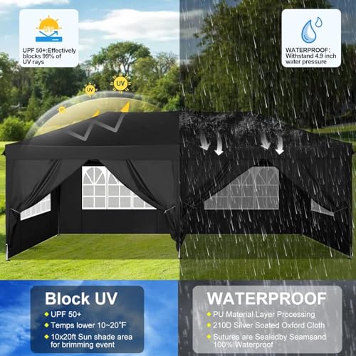 COBIZI Canopy 10x20 Pop Up Canopy Tent with 6 Sidewalls Outdoor Party Tent 10x20 Waterproof Commercial Instant Shelter UPF 50+ Portable Gazebo Wedding Tents for Parties Car Port Vender Events(Black - color: Black, size: 10x20FT with 6 sidewalls