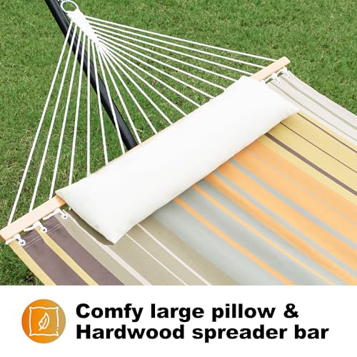 Gafete Waterproof Double Hammock with Stand for Outside Heavy Duty, 2 Person 55'' Large Quick Dry Textilene Hammocks with Hardwood Spreader Bar, Pillow, Pockets, for Outdoor, 475lbs Capacity (Coffee)