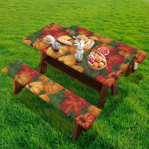 Thanksgiving Elastic Fitted Table Cloth for Camping Party Supplies 3 PCS Set Classic Pumpkin Maple Leaf Outdoor Picnic Table Cover with Bench Covers - color: Classic Pumpkin Maple Leaf, size: Small