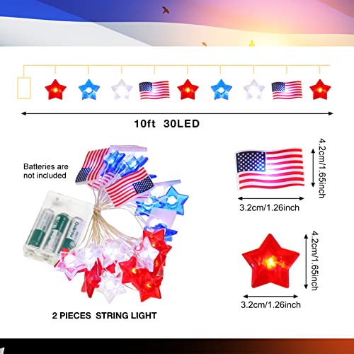Zhanmai 2 Pcs 4th of July Decorations Lights Red White Blue String Lights 10ft 30 LED Patriotic Stars American Flag Battery Operated Decor for Fourth of July Independence Day, Star Flag - style: Star, Flag