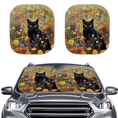 Floral Black Cat Car Sun Shade for Windshield Outdoor Travel Universal 2pcs Pack Car Sunshade Visor Front Window Sunshades Summer Auto Protective Accessiors - color: Floral Black Cat
