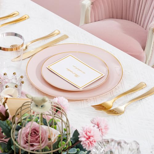 Supernal 350pcs Pink Plastic Plates,Plates Disposable Heavy Duty,Pink Disposable Plastic Dinnerware Set Include 50 Dinner Plate,50 Dessert Plate,50 Gold Cutlery,50 Cups&50 Napkins for Party&Wedding - color: 350pcs Pink and Gold Plastic Dinnerware Set