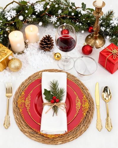 Nervure 350PCS Red Plastic Plates - Red Gold Plastic Dinnerware Sets for 50 Guests - 100 Gold Disposable Plates, 50 Pre Rolled Silverware Sets, 50 Cups Perfect for Wedding & Party & Mothers Day - color: Red and Gold