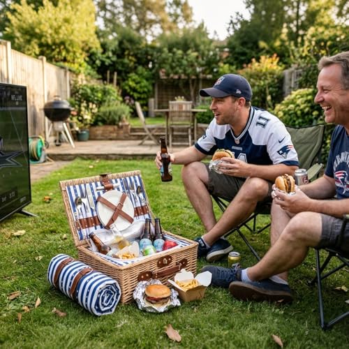 Wicker Picnic Basket for 2 with Waterproof Picnic Blanket and Insulated Bag Classic Blue and White Star Stripes Pattern for Soccer Game, Camping, Travel, Birthday Gift, Wedding Gift - color: Blue and White Stars