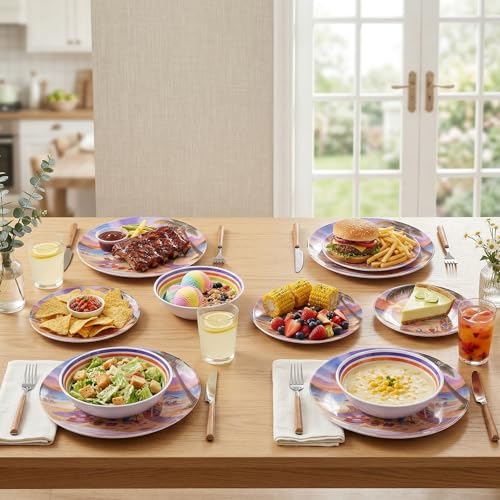 12 Piece Melamine Plates and Bowls Set - Beach Sunset Melamine Dinnerware Set for 4，Unbreakable Dishes Set，Stackable Lightweight Plates & Bowls for Indoor & Outdoor Use，Tropical Sunset - color: Sunset Beach