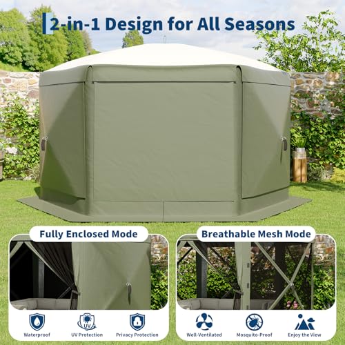 GarveeLife 13x13FT 6-Sided Pop Up Gazebo Tent，One-Push Setup Canopy Tent with Removable Canopy Top & Wind Cloths, Outdoor shelter for Camping, Backyard Parties, Outdoor Events - Army Green - color: Army Green, size: Traditional Top - 13ft