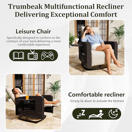 Outdoor Swivel Recliner Chair,Dual-Adjust Outdoor Patio Chair with Adjustable Backrest and Footrest,Wicker Patio Chair with Flip-Up Table for Living Rooms,Pools,Balconies, patios,courtyards
