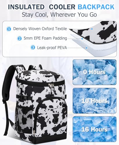 Cooler Backpack, 22L Waterproof Soft Backpack Coolers Leak Proof Beach Backpack Insulated Picnic Lunch Bag for Fishing Camping,Beach,Hiking,Travel - color: Cow Print
