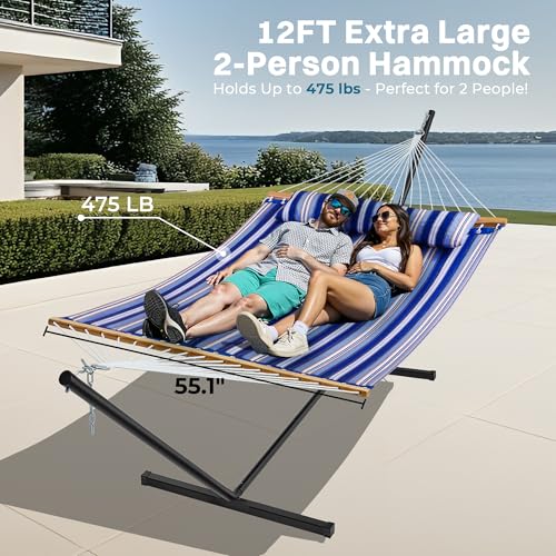 SUPERJARE Hammock with Stand, 2 Person Quilted Outdoor Hammock, Detachable Pillow & Bamboo Spreaders, Portable Hammock with Carrying Bag, Heavy Duty Stand, Perfect for Outside, Navy Blue Stripe - color: Navy Blue Stripe, size: 55.1"W × 74.8''D × 43.3''H