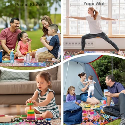Supfitness Extra Large Picnic Blankets Waterproof Foldable (60 "x 80") Beach Blanket Waterproof Sandproof,3-Layer Thicking Mat Outdoor Packable Camping Blanket - color: Flower, size: 60x80in