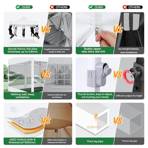 COBIZI 10x10 Heavy Duty Pop Up Canopy Tent with 4 Sidewalls, Commercial Gazebo Party Tent with Mosquito Netting Wall Easy Set Up Outdoor Instant Screen Canopy for Backyard, Patio, Garden, White - color: White, size: 10x10