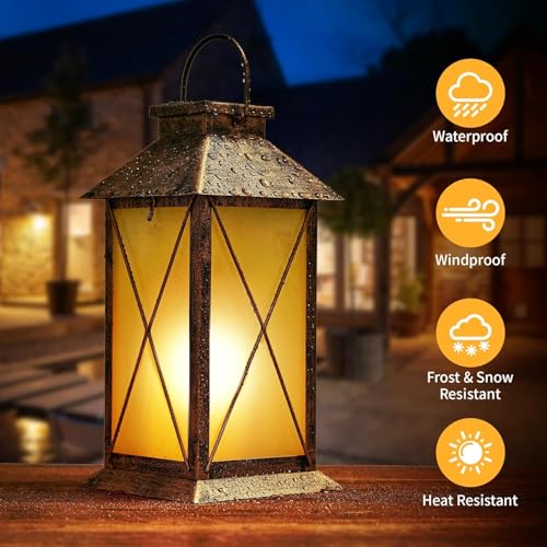 2 Pack Solar Lantern with Flickering Flame Candle, 13" Outdoor Waterproof Solar Lanterns Garden Decorative, Glass Hanging Lantern Metal for Outdoor Patio Yard Tabletop Decoration Mothers Day Gifts Mom - style: Bronze-Cross02