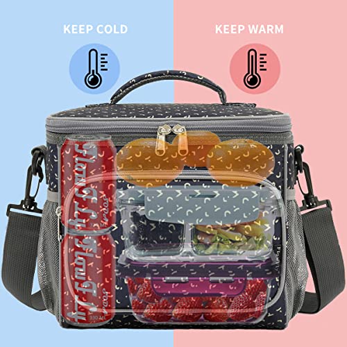 FlowFly Insulated Reusable Lunch Bag Adult Large Lunch Box for Women and Men with Adjustable Shoulder Strap,Front Zipper Pocket and Dual Large Mesh Side Pockets,Alphabet - color: Alphabet