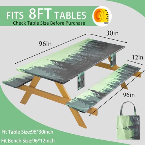 Fitted Waterproof Picnic Table Cover with Bench Covers Elastic Edges Camping Tablecloth for 8 Foot Rectangle Tables Camp Cooking Motorhome Hiking Equipment Car Rv Travel Trailer Needs Gifts - color: Green Jungle, size: 96" x 30" (Rectangular)