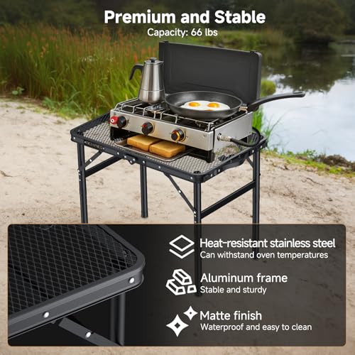 Folding Camping Table, 22" x 15" Picnic Table with 3 Adjustable Height Max 27.5", Matte Black Aluminum Folding Table with Handle for Party, Dining, Garden, Patio, Market (2-Fold Mesh Tabletop) - style: 2-Fold Mesh Tabletop