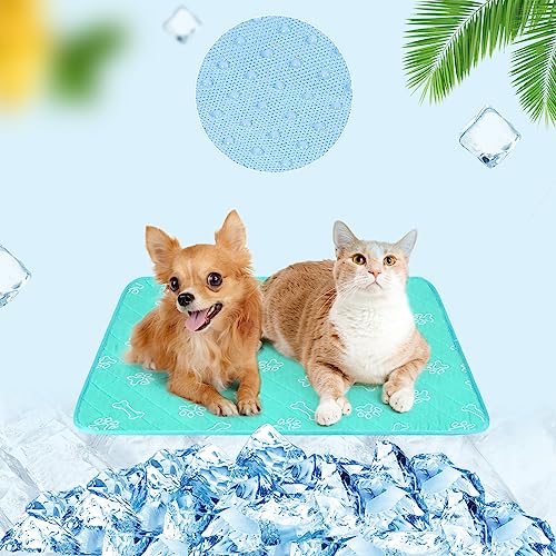 BEAUTYZOO Upgraded Dog Self Cooling Mat Ice Silk Chill Pads for Small Medium Large Dogs Q-MAX＞0.43- Summer Reusable Pet Training Pad - Absorbent Non-Slip Cool Mat for Kennels, Crates, Beds, 16" x 20" - color: Aqua Blue, size: X-small 16in X 20in (1 Pack)