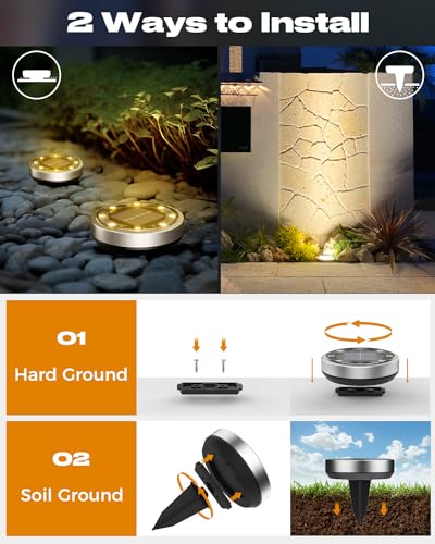btfarm 12 Pack Solar Lights Outdoor, 8 LED Solar Ground Lights IP65 Waterproof Flat Solar Disc Light, Pathway Lights for Garden Lawn Patio Yard Path Landscape, Warm White - color: Warm White, size: 12 Pack