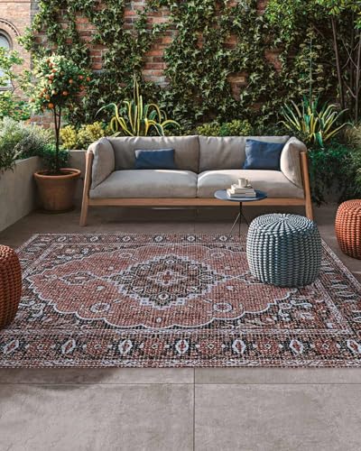 Outdoor Rug 5x8ft, Medieval Boho Abstract Flower Indoor Area Rug for Patio Backyard Deck Large Floor Mat, Vintage Ethnic Geometric Style Non-Slip Outside Carpet Balcony Porch Camping Rugs Picnic Mat - color: Indianred, size: 5' x 8' (Rectangular)