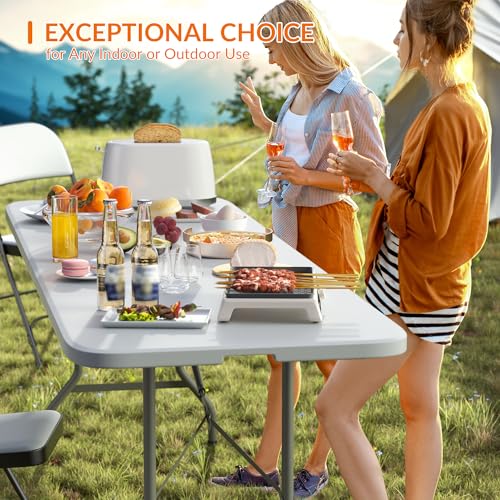 Elevon Folding Table Set with 8 White Folding Chairs,8 Feet Heavy Duty Fold-in-Half Utility Table Sets for Picnic, Event, Training, Outdoor Activities, at Home and Commercial Use - size: 8 feet, style: With 8 Chair