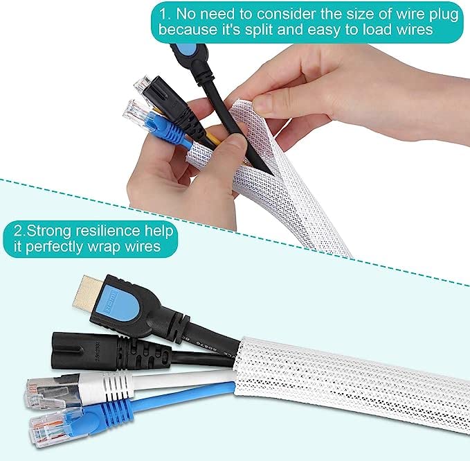 20ft - 1 inch White Cable Sleeve, Cable Organizer for Desk PC TV Computer, Wire Protector Cable Wrap Cover, Cord Management for Home Office - color: White, size: 20ft, 1''