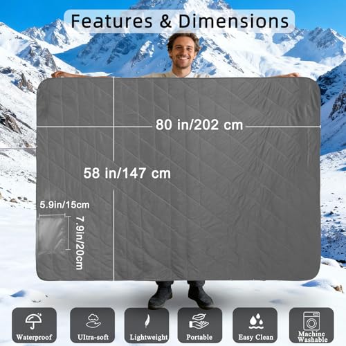 Large Waterproof Outdoor Camping Blanket, 80 x 58 inch Fleece Picnic Blankets Windproof Travel Stadium Blanket for Beaches Pets Car Camp Picnic Mat for Both Cold & Warm Weather - color: Gray