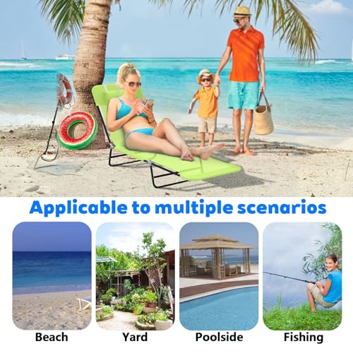 Majnesvon Outdoor Tanning Chair with Pillow, Folding Chaise Lounge Chair with Adjustable Backrest, Portable Lay Flat Beach Lounge Chairs for Sunbathing Poolside Patio Lawn Camping(Green 2) - color: Green 2
