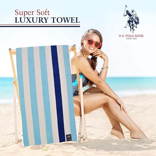 U.S. Polo Assn. Oversized (40” x 70”) Striped Nautical Design Beach Towel - Luxury Plush Cotton Hotel Quality for Bath, Pool - Cabana Stripe Aqblue/Navy - color: Cabana Stripe Aqblue/Navy, size: 40" x 70"