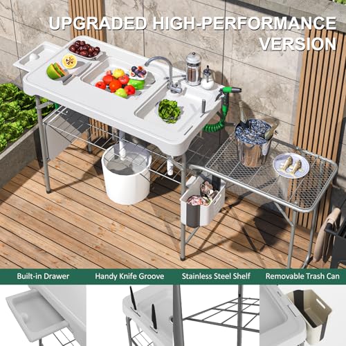 42.5" Fish Cleaning Table with Dual Sink, Portable Folding Camping Table with Foldable Extension Stand, Faucet, Sprayer, Grid Rack, Hose Hook Up & Knife Groove, Outdoor Sink Station for Picnic - style: Fish cleaning table with extension stand