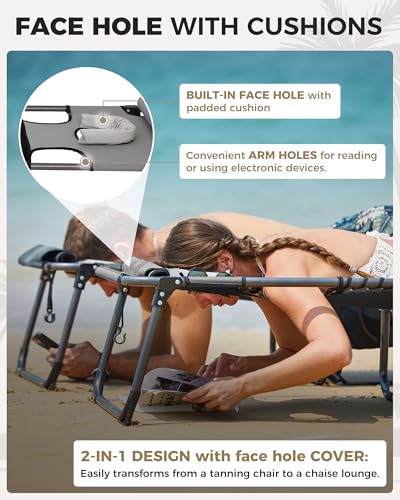 KingCamp Tanning Chair with Face Hole, Lounge Chairs Outdoor Folding Comfy Adjustable 5-Position Foldable Chaise Chaser with Canopy Shade for Outside Beach Patio Sun Bathing Pool, Grey - color: C*skyshade Canopy——grey Canopy, style: oversized