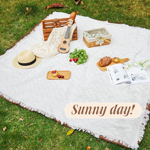 VitalCozy Waterproof Picnic Blankets 71×71 inch Outdoor Blanket Foldable 2 in 1 Double Layer Sandproof Beach Mat with Carry Strap for Camping Lawn Park Beach Grass(White) - color: White