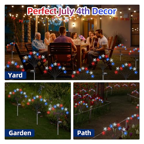 Lewondr 4th of July Decorations Solar Garden Lights, Fourth of July Red White and Blue Light Solar Lights Outdoor, Waterproof Patriotic Decor with 9 LED 2 Lighting Modes for Independence Day, 4 Pack - size: 4 Pack, style: Transparent Star