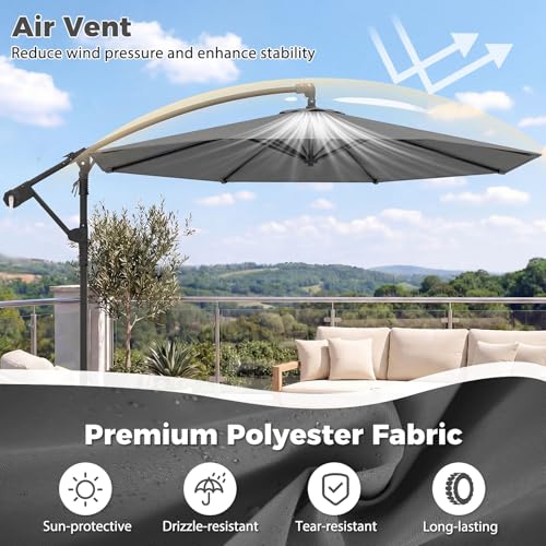 Tangkula 10ft Patio Umbrella with Base Included, Offset Cantilever Outdoor Umbrella with 360 Degree Rotation, Crank Handle, Sun-Protective Canopy for Pool Deck Garden Backyard (Gray) - color: Gray, size: 10 FT