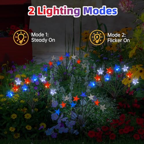 Lewondr 4th of July Decorations Solar Garden Lights, Fourth of July Red White and Blue Star Solar Lights Outdoor, Waterproof Patriotic Decor with 9 LED 2 Lighting Modes for Independence Day, 4 Pack - size: 4 Pack, style: 3-Color Star