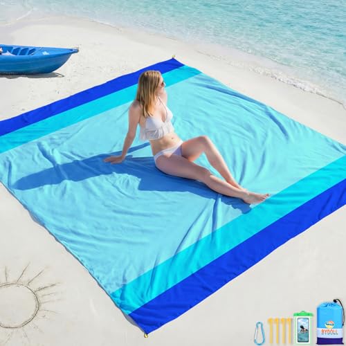 BYDOLL Beach Blanket Waterproof Sandproof Large Sand Free, 78''X81'' Oversized Sandless Lightweight Blanket Picnic Mat for Beach Travel Camping Hiking with Stakes - color: Blue, size: 78"X81"