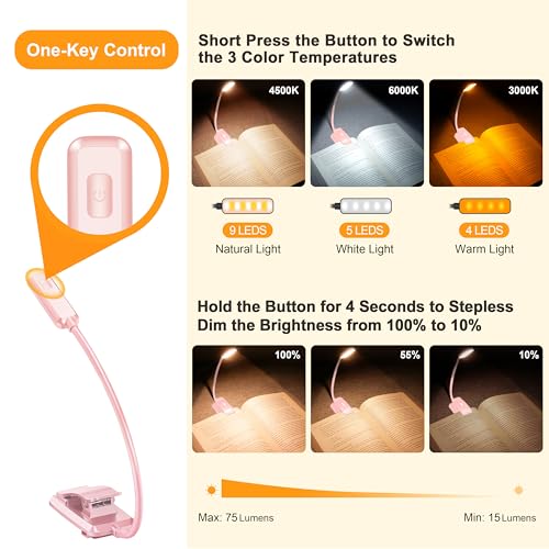 Gritin 9 LED Rechargeable Book Light for Reading in Bed - Eye Caring 3 Color Temperatures,Stepless Dimming Brightness,80 Hrs Runtime Small Lightweight Clip On Book Reading Light for Studying-Pink - color: Pink