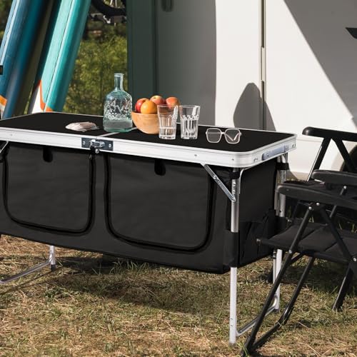 VINGLI 4 Ft Folding Table, Aluminum Camping Table, Picnic Table with Storage, Adjustable Height for Outdoor Beach BBQ Backyards Travel Party (Black) - color: Black