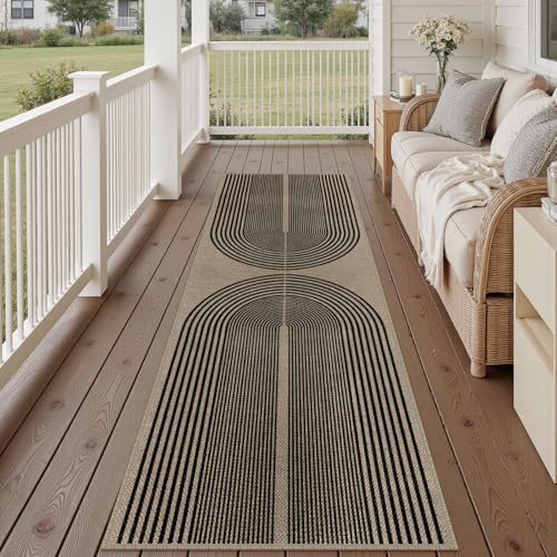 Rugalia Easy Jute Rainbow Outdoor Runner Rug, 2.6x8 Black Nature Washable Rugs Runner for Hallway Non-Slip Boho Farmhouse Kitchen Runner Rug, Modern Abstract Carpet for Porch Laundry Entryway - color: Nature/Black Rainbow, size: 2.6' x 8' (Runner)