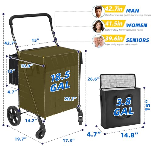 Folding Shopping Cart with Waterproof Basket Liner and Insulated Bag, Rolling Trolley with 360° Swivel Wheels Height Adjustable Portable Shopping Carts for Laundry, Baggage, Picnic - size: Medium - Front+Back Bags