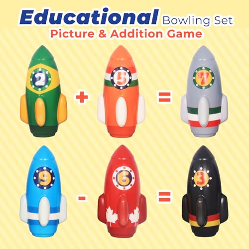 Nattork Rocket Kids Bowling Set - Toddler Bowling Game Indoor Outdoor with 10 Foam Pins 2 Balls, Educational Games Set for Age 4-5,5-12 Kids Birthday Gift