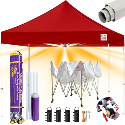 Tradesparker 8x8 Pop Up Canopy Tent,Commercial Movable Canopy with ApexCore LED&Rugged Casters-Instant Easy Setup Shelter Canopies with Weight Bags&Stakes for Outdoor Events Markets Vendors,Red - color: Red, size: 8x8