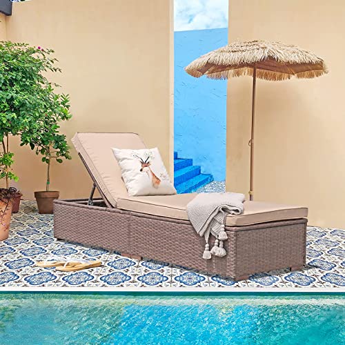 Patiorama Patio Chaise Lounge Chair, Sun Lounger, Outdoor Pool Beach Brown PE Rattan Wicker Reclining Chair W/Adjustable Backrest, Weather Cover, and Removable Cushion (Beige) - color: Brown