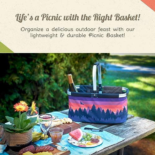 Picnic Basket for Camping - Collapsable Picnic Basket for Picnics, Grocery, & Festivals - Sturdy Food Picnic Basket with Zipper Pocket & Built-in Clip - 16” x 17” Scenic Sunset Basket, Camp Casual