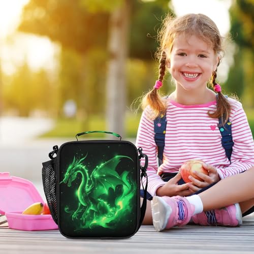 Green Dragon Lunch Bag Boys, Insulated Lunch Box with Side Pocket Reusable Leakproof Lunchbox Cooler Tote for School Picnic Travel - color: Green Dragon