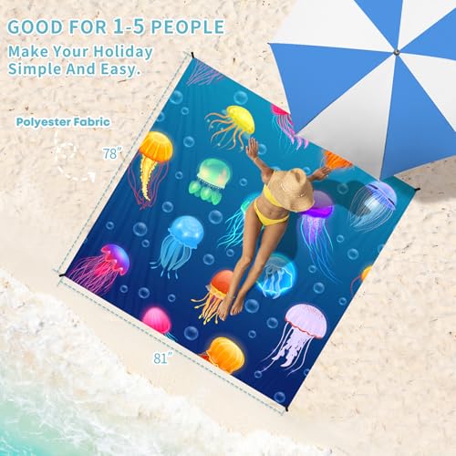 Beach Blanket Waterproof Sandproof 78''×81'' Large Suits 1-5 Adults Oversized Lightweight Picnic Mat Sand-Free Blanket for Camping Hiking Beach Travel - color: Jellyfish, size: 78''x81''