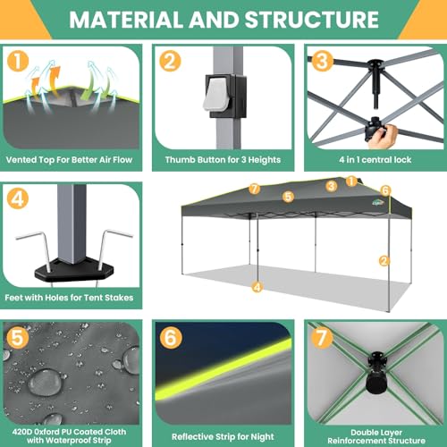 COBIZI 10x20 Pop Up Canopy Tent, Outdoor Party Tent with 6 Sidewall One Push Setup Glow, 3 Adjustable Height Air Vent Waterproof UPF50+, Bag, 4 Sandbag, 6 Stake, 12 Rope for Beach, Commercial - color: Gray, size: 10x20
