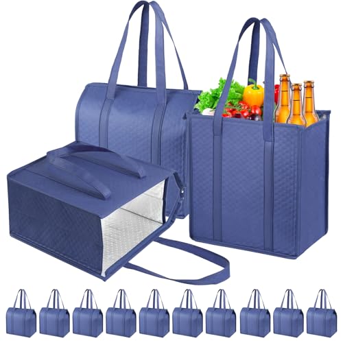 Insulated Grocery Bags with Zippered top Frozen Food Shopping Groceries Travel Insulated Tote Cooler Thermal Bags - color: Dark Blue
